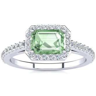 1 1/4 Carat Green Amethyst and Halo Diamond Ring In 14 Karat White Gold