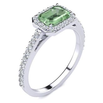 1 1/4 Carat Green Amethyst and Halo Diamond Ring In 14 Karat White Gold