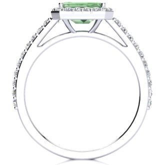 1 1/4 Carat Green Amethyst and Halo Diamond Ring In 14 Karat White Gold