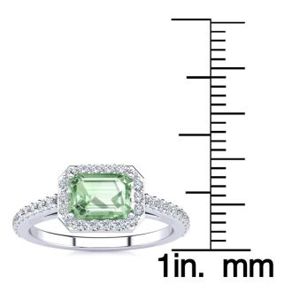 1 1/4 Carat Green Amethyst and Halo Diamond Ring In 14 Karat White Gold