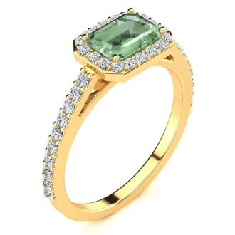1 1/4 Carat Green Amethyst and Halo Diamond Ring In 14 Karat Yellow Gold