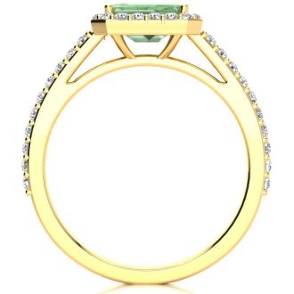 1 1/4 Carat Green Amethyst and Halo Diamond Ring In 14 Karat Yellow Gold
