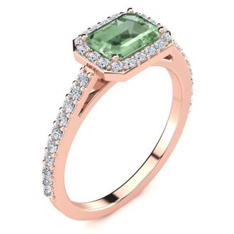 1 1/4 Carat Green Amethyst and Halo Diamond Ring In 14 Karat Rose Gold