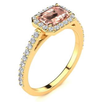 1-1/4 Carat Morganite and Halo Diamond Ring In 14 Karat Yellow Gold