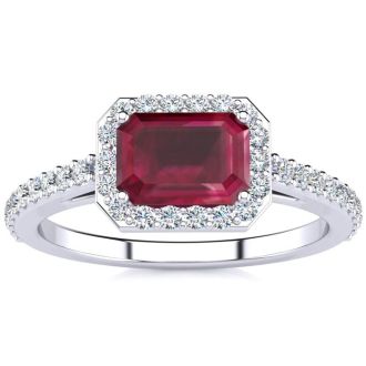 1 1/3 Carat Ruby and Halo Diamond Ring In 14 Karat White Gold