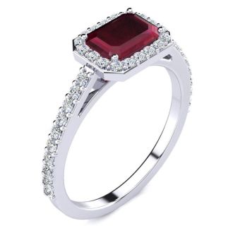 1 1/3 Carat Ruby and Halo Diamond Ring In 14 Karat White Gold