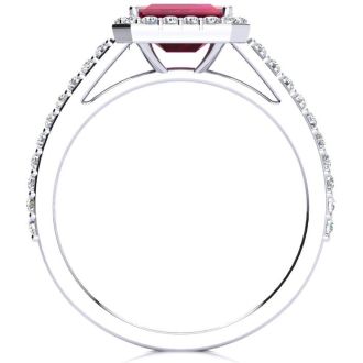 1 1/3 Carat Ruby and Halo Diamond Ring In 14 Karat White Gold