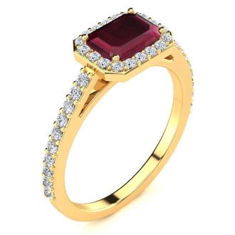 1 1/3 Carat Ruby and Halo Diamond Ring In 14 Karat Yellow Gold