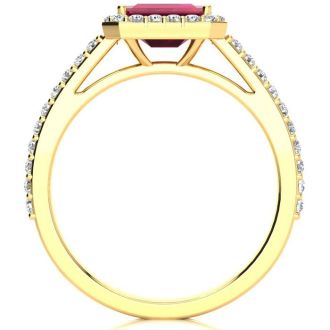1 1/3 Carat Ruby and Halo Diamond Ring In 14 Karat Yellow Gold