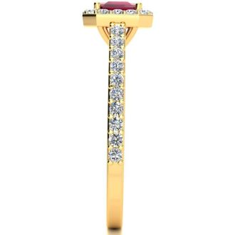 1 1/3 Carat Ruby and Halo Diamond Ring In 14 Karat Yellow Gold