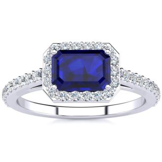 1 1/2 Carat Sapphire and Halo Diamond Ring In 14 Karat White Gold