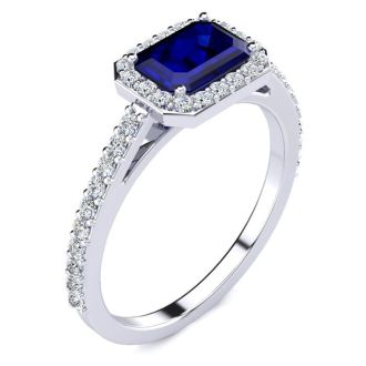 1 1/2 Carat Sapphire and Halo Diamond Ring In 14 Karat White Gold