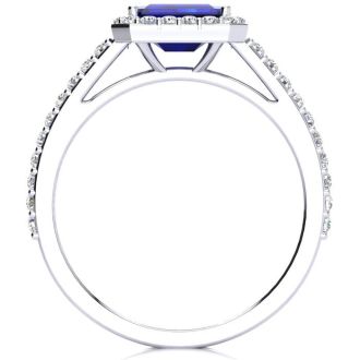 1 1/2 Carat Sapphire and Halo Diamond Ring In 14 Karat White Gold