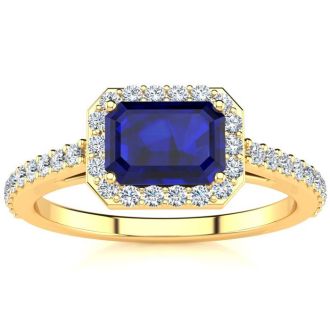 1 1/2 Carat Sapphire and Halo Diamond Ring In 14 Karat Yellow Gold