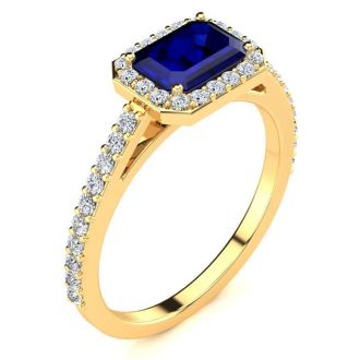 1 1/2 Carat Sapphire and Halo Diamond Ring In 14 Karat Yellow Gold