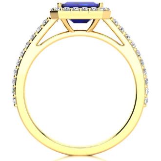 1 1/2 Carat Sapphire and Halo Diamond Ring In 14 Karat Yellow Gold