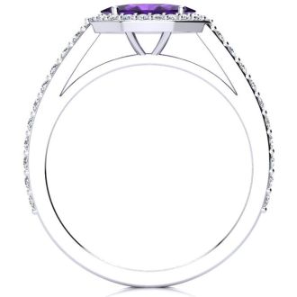 3/4 Carat Marquise Shape Amethyst and Halo Diamond Ring In 14 Karat White Gold