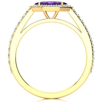3/4 Carat Marquise Shape Amethyst and Halo Diamond Ring In 14 Karat Yellow Gold