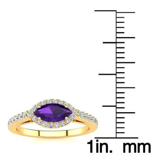 3/4 Carat Marquise Shape Amethyst and Halo Diamond Ring In 14 Karat Yellow Gold