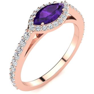 3/4 Carat Marquise Shape Amethyst and Halo Diamond Ring In 14 Karat Rose Gold