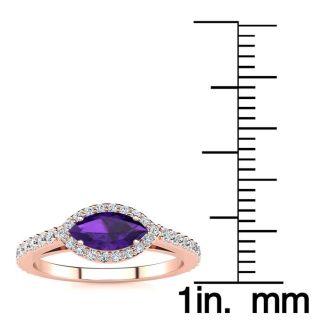 3/4 Carat Marquise Shape Amethyst and Halo Diamond Ring In 14 Karat Rose Gold