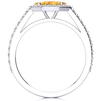 3/4 Carat Marquise Shape Citrine and Halo Diamond Ring In 14 Karat White Gold