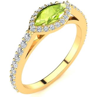 3/4 Carat Marquise Shape Peridot and Halo Diamond Ring In 14 Karat Yellow Gold