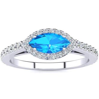 1 Carat Marquise Shape Blue Topaz and Halo Diamond Ring In 14 Karat White Gold