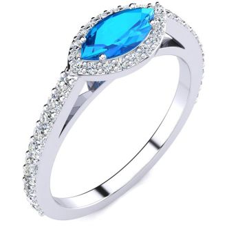 1 Carat Marquise Shape Blue Topaz and Halo Diamond Ring In 14 Karat White Gold