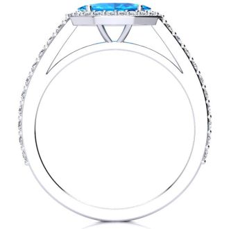 1 Carat Marquise Shape Blue Topaz and Halo Diamond Ring In 14 Karat White Gold