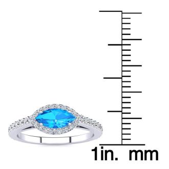 1 Carat Marquise Shape Blue Topaz and Halo Diamond Ring In 14 Karat White Gold
