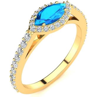 1 Carat Marquise Shape Blue Topaz and Halo Diamond Ring In 14 Karat Yellow Gold