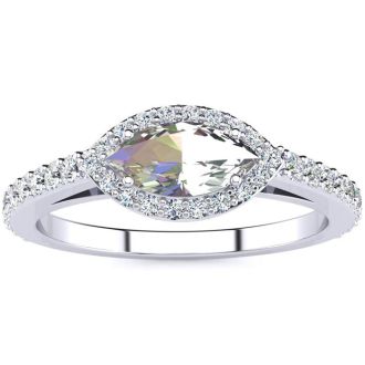 3/4 Carat Marquise Shape Mystic Topaz Ring With Diamond Halo In 14 Karat White Gold