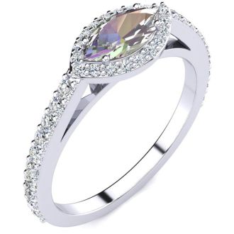 3/4 Carat Marquise Shape Mystic Topaz Ring With Diamond Halo In 14 Karat White Gold