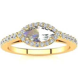 3/4 Carat Marquise Shape Mystic Topaz Ring With Diamond Halo In 14 Karat Yellow Gold