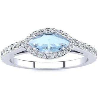 Aquamarine Ring: Aquamarine Jewelry: 3/4 Carat Marquise Shape Aquamarine and Halo Diamond Ring In 14 Karat White Gold
