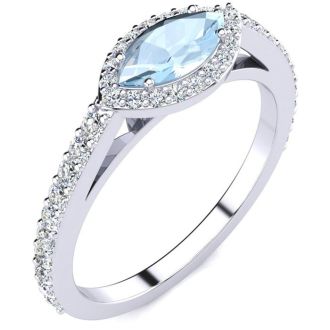 Aquamarine Ring: Aquamarine Jewelry: 3/4 Carat Marquise Shape Aquamarine and Halo Diamond Ring In 14 Karat White Gold