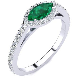 3/4 Carat Marquise Shape Emerald and Halo Diamond Ring In 14 Karat White Gold
