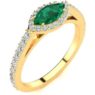 3/4 Carat Marquise Shape Emerald and Halo Diamond Ring In 14 Karat Yellow Gold