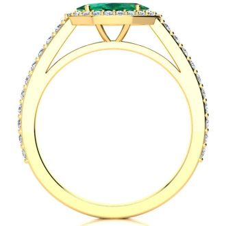 3/4 Carat Marquise Shape Emerald and Halo Diamond Ring In 14 Karat Yellow Gold