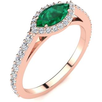 3/4 Carat Marquise Shape Emerald and Halo Diamond Ring In 14 Karat Rose Gold