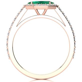 3/4 Carat Marquise Shape Emerald and Halo Diamond Ring In 14 Karat Rose Gold