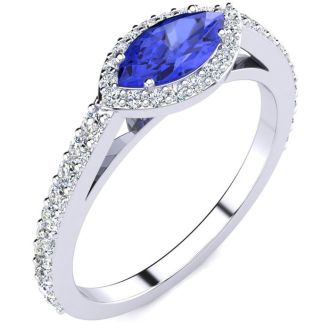 3/4 Carat Marquise Shape Tanzanite and Halo Diamond Ring In 14 Karat White Gold