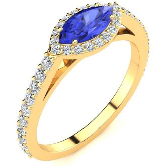 3/4 Carat Marquise Shape Tanzanite and Halo Diamond Ring In 14 Karat Yellow Gold