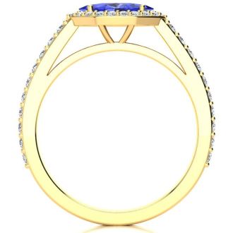 3/4 Carat Marquise Shape Tanzanite and Halo Diamond Ring In 14 Karat Yellow Gold