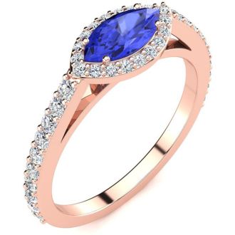 3/4 Carat Marquise Shape Tanzanite and Halo Diamond Ring In 14 Karat Rose Gold