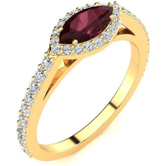 Garnet Ring: Garnet Jewelry: 1 Carat Marquise Shape Garnet and Halo Diamond Ring In 14 Karat Yellow Gold