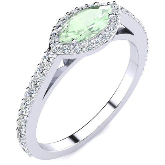 3/4 Carat Marquise Shape Green Amethyst and Halo Diamond Ring In 14 Karat White Gold