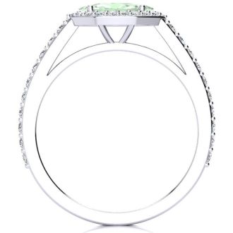 3/4 Carat Marquise Shape Green Amethyst and Halo Diamond Ring In 14 Karat White Gold