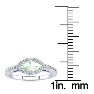 3/4 Carat Marquise Shape Green Amethyst and Halo Diamond Ring In 14 Karat White Gold